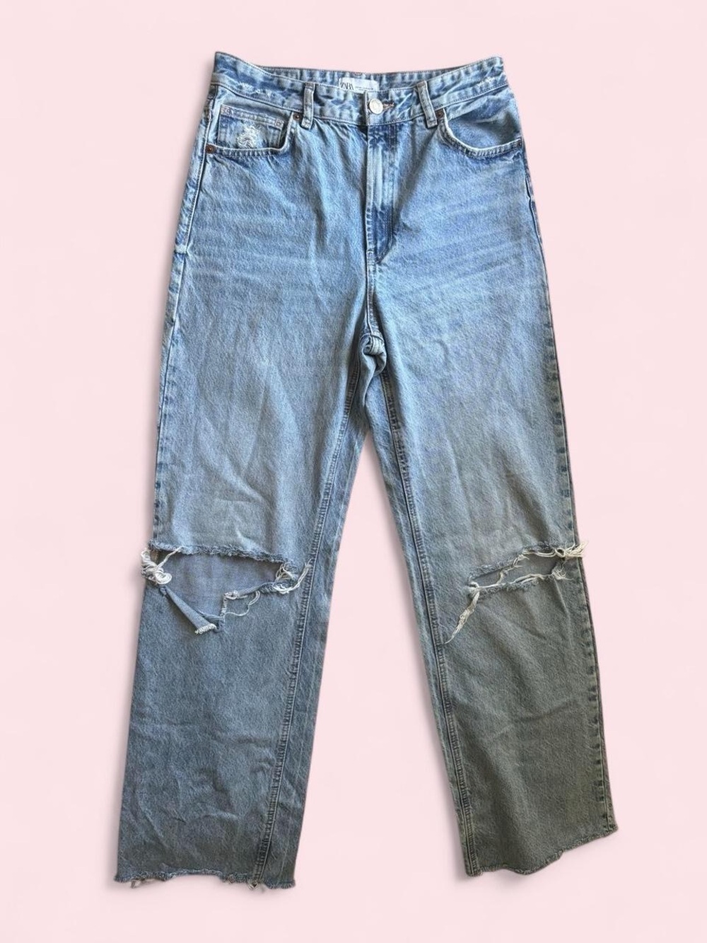 Zara Light Blue Straight-Leg Distressed Jeans
